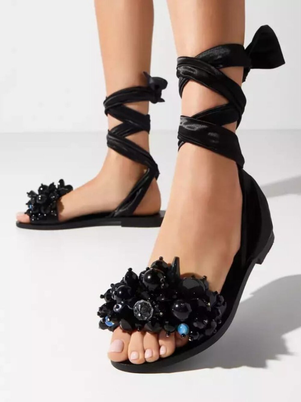 ✨NEW Designer ELINA LINARDAKI Black Flat Leather Sandals Beaded Wrapped Handmade